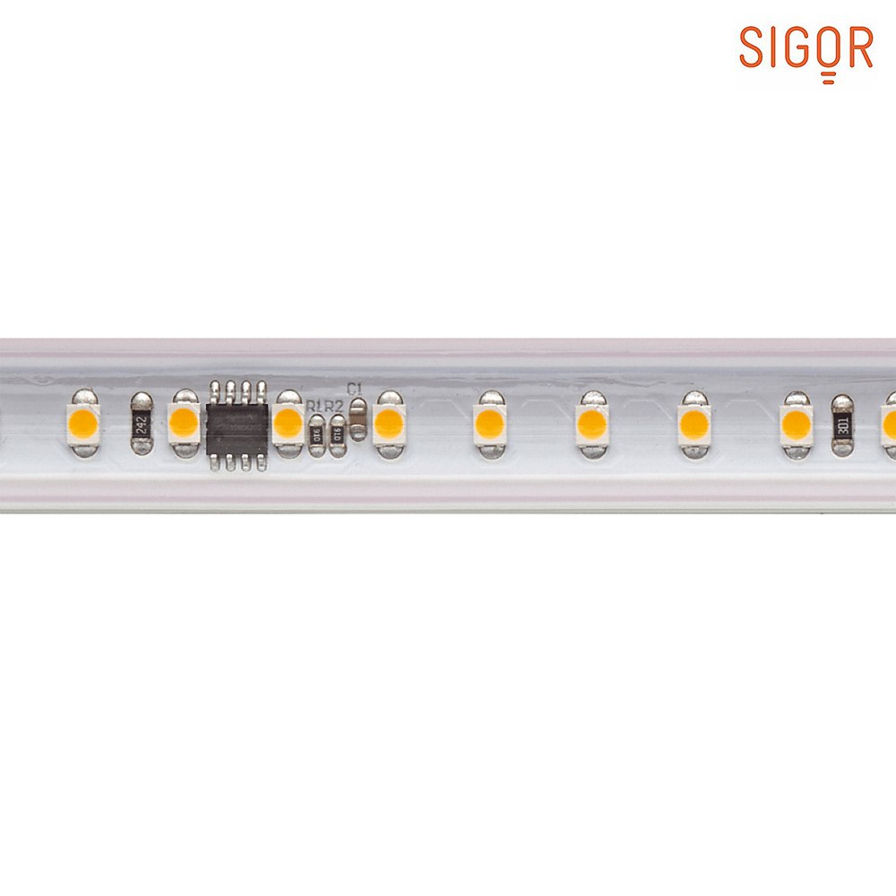 High voltage LED Strip, 72 LED/m, 25m roll, 230V, IP65, 8W/m, W 1.5cm / L 2500cm, 2700K 520lm/m CRI 90 - SIGOR