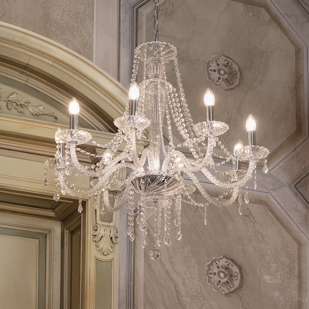 Ideal Lux Chandelier AMADEUS, 8 flames, Ø 80cm / H 180cm, E14, chrome / glass and transparent chrystal Ideal Lux Chandelier AMADEUS, 8 flames, Ø 80cm / H 180cm, E14, chrome / glass and transparent chrystal