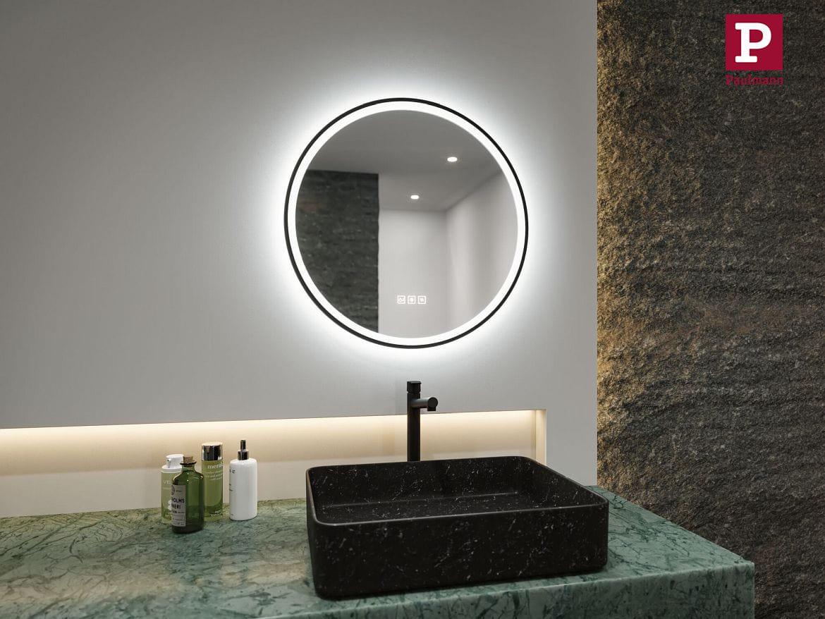 Paulmann mirror with lighting MIRRA LED Ø 59CM round, CCT Switch, with touch dimmer, with heating function IP44, mat, black dimmable Paulmann mirror with lighting MIRRA LED Ø 59CM round, CCT Switch, with touch dimmer, with heating function IP44, mat, black dimmable