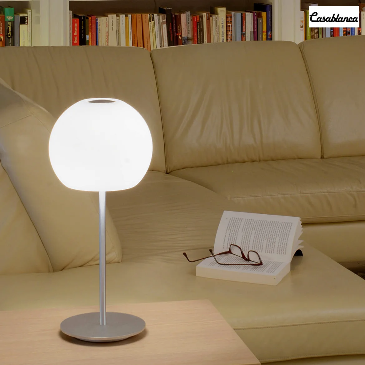 Casablanca Tafelarmatuur BALL lang, met schakelaar G9 IP20, aluminium geborsteld, opaal, wit mat Casablanca Tafelarmatuur BALL lang, met schakelaar G9 IP20, aluminium geborsteld, opaal, wit mat