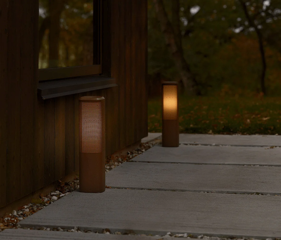 bollard light SIDARA 45 square, perforated, sea-air resistant, with lamp socket E27 IP44, seaside metallic brown bollard light SIDARA 45 square, perforated, sea-air resistant, with lamp socket E27 IP44, seaside metallic brown