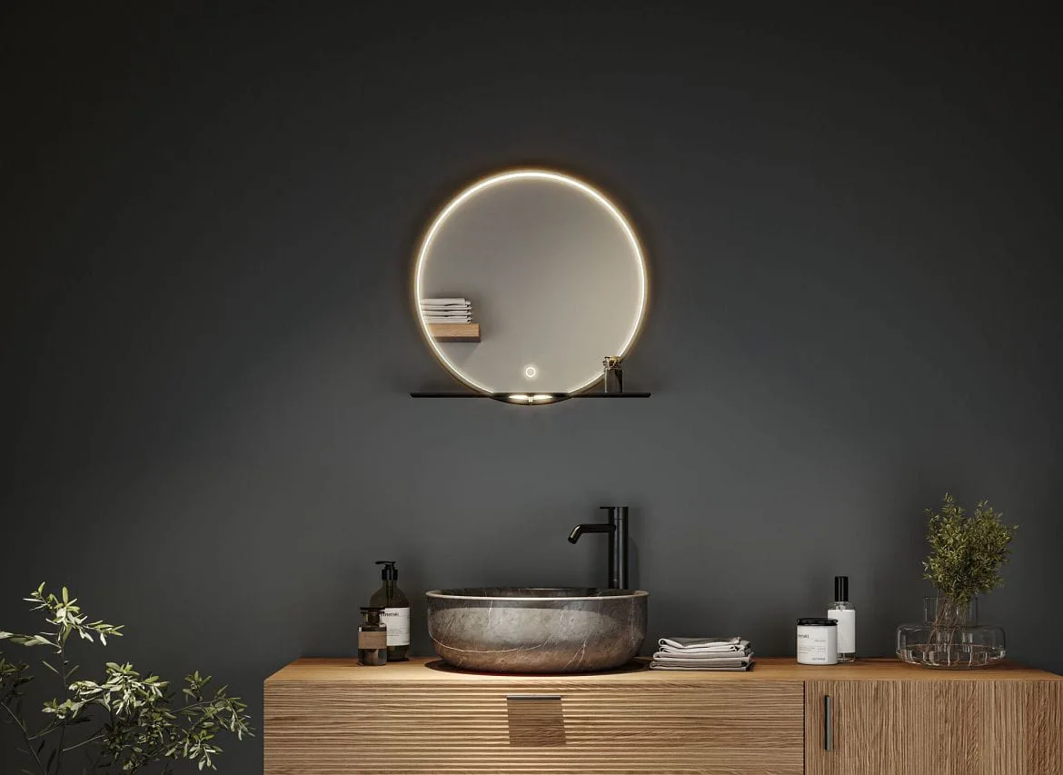 Paulmann Spiegel met verlichting MIRO Ø 50CM rond, met frame, Tunable White, met plank IP44, zwart mat Paulmann Spiegel met verlichting MIRO Ø 50CM rond, met frame, Tunable White, met plank IP44, zwart mat