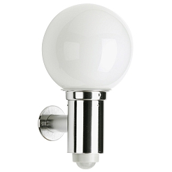 Outdoor Wall luminaire with motion detector + ball shade � 20cm (Type No. 0224), IP44, E27 QA55 max. 57W, stainless steel