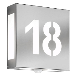 Outdoor wall luminaire AQUA LEGENDO with sensor, 2 digits (cut out), IP44, E27, stainless steel, brushed