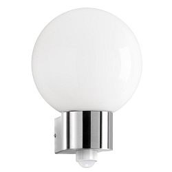 Outdoor wall luminaire AQUA BALL with motion detector, IP44, E27, stainless steel / opal glass