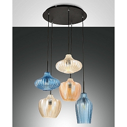 pendant luminaire OLBIA 5 flames E27 IP20, amber, azure, champagner, black