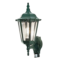 Outdoor wall luminaire FIRENZE with motion detector, E27 max. 100W, green, aluminium / clear glass