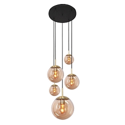 Pendelarmatuur BOLLIQUE 5-vlams E27 IP20, barnsteen, messing, zwart dimbaar