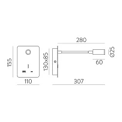 Wandarmatuur SENDA 16/3835 met schakelaar, met USB-aansluiting, instelbaar IP20