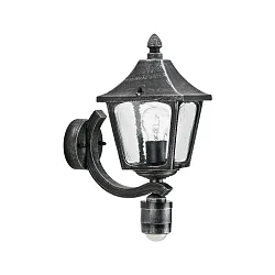 Wandarmatuur voor buitenshuis TYPE NO 1822 up, met bewegingsmelder E27 IP44, zwart dimbaar
