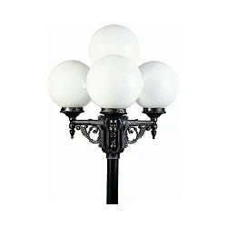 Outdoor Mast light 4 flames Type No. 2051 with ball Ø 25cm, IP44, height 233cm, 3x E27, cast alu / Opal glass, black-silver