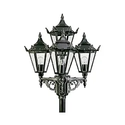 Mast light Country style 4 flames Type No. 2056, height 248cm, 4x E27 QA55 max. 57W, cast alu / glass clear, black-silver