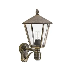 Wandarmatuur voor buitenshuis TYPE NO 1814 up, met bewegingsmelder E27 IP44, bruin, Messing gesatineerd 
