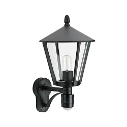 Wandarmatuur voor buitenshuis TYPE NO 1814 up, met bewegingsmelder E27 IP44, zwart mat 