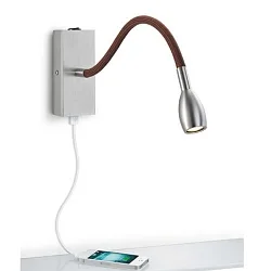 Wandarmatuur ASTA met schakelaar, met flexibele arm, opbouwversie, met USB-oplaadfunctie IP20, bruin, nikkel mat 