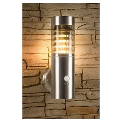 Wandarmatuur voor buitenshuis SATURN cilindrisch, met sensor E27 IP44, rvs, helder dimbaar