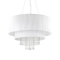 Pendant luminaire OPERA, 10 flames, Ø 90cm, E27, adjustable height, chrystal glass, chrome / white