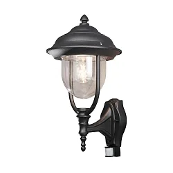 Wandarmatuur voor buitenshuis PARMA met bewegingsmelder E27 IP44, zwart, transparant