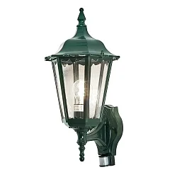 Outdoor wall luminaire FIRENZE with motion detector, E27 max. 100W, green, aluminium / clear glass