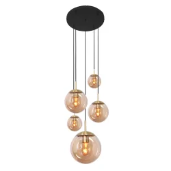 Pendelarmatuur BOLLIQUE 5-vlams E27 IP20, barnsteen, messing, zwart dimbaar