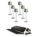 Tafellamp op batterijen CANIS GASTRO M met Touch-Dimmer, met Lader, 6 Stuks IP65, mat, grijsgroen dimbaar