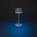 Konstsmide battery table lamp LYON with USB connection, CCT Switch, RGB, with touch dimmer IP54, sand coloured dimmable