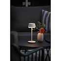 Konstsmide battery table lamp LYON with USB connection, CCT Switch, RGB, with touch dimmer IP54, sand coloured dimmable